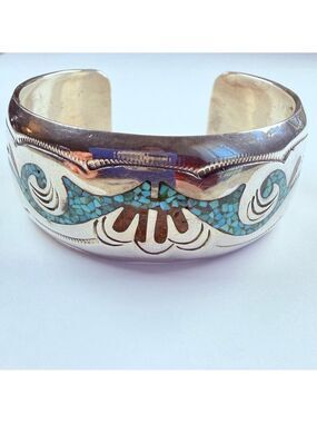 Native American Navajo Turquoise & Coral Sterling Silver BIG VTG Cuff Bracelet